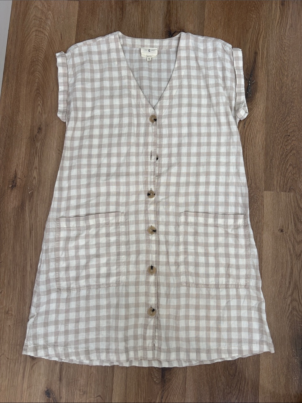 Lou & Grey Gingham Button-Front Linen Blend Dress in Beige & White 100% linen XS
